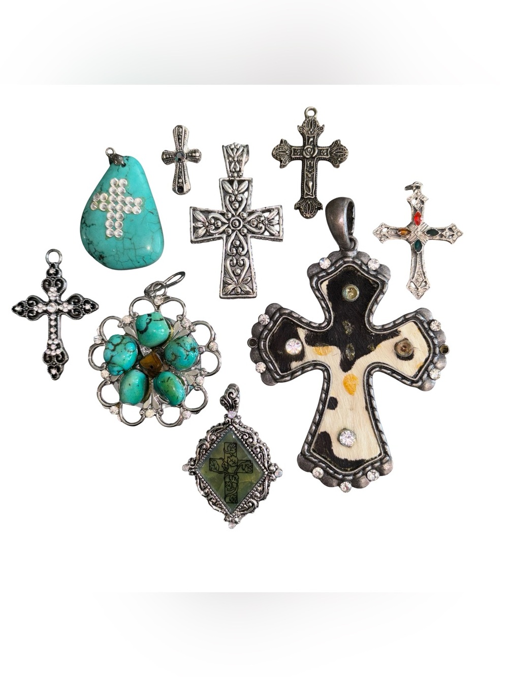 9pc Religious Cross Pendant Lot Faux Turquoise Rhinestone Cowhide Silver Tone